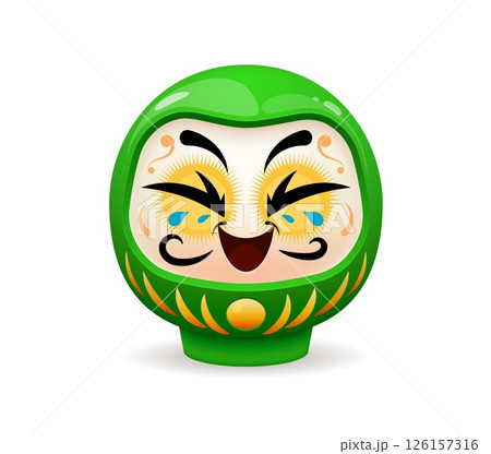 Daruma Japanese green doll with cheerful expression, bold eyebrows, golden yellow decorative patterns and an expressive face, symbolizing perseverance and good luck in culture of Japan 126157316