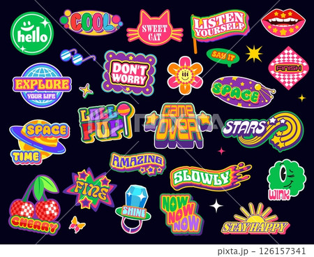 Y2k funky groovy stickers, trippy retro patch labels. Vector y2k space planet, cherry, stars and sun, flower, lips and cat stickers set. Retro groovy lollipop, wedding ring and butterfly labels 126157341