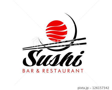 Japanese salmon sushi restaurant icon featuring bold chopsticks, modern typography and red circular sushi roll, emphasize dining experience. Vector emblem for a sushi bar and Asian restaurant service 126157342