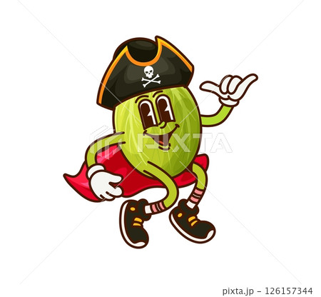 Cartoon groovy gooseberry berry corsair character in pirate hat, cape and striking a playful shaka gesture. Vector garden plant personage with friendly expression ready for party fun and sea adventure 126157344