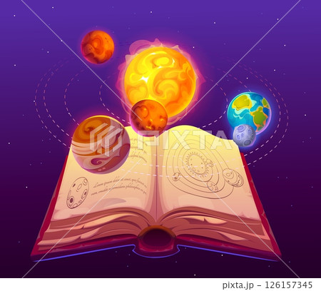Old magic book with space planets, fantasy astrology. Cartoon vector open antique book, floating planets, orbit lines, glowing sun and solar system sketch in cosmic background for astronomy or science 126157345