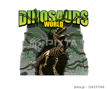 Dinosaurs park entrance stone gate with t rex skeleton emerging from a rocky cave, surrounded by vines and greenery. Vector prehistoric adventure park, dino world museum or fossil exhibition entry 126157348