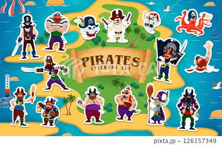 Cartoon pirate and corsair characters stickers pack. Vector patches with funny rovers. Captain, boatswain and swashbuckler with Halloween ghost and witch on secret island with sandy beach and sea 126157349