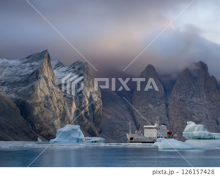 Icebreaker in Franz Joseph Fjord in Eastern Greenland Icebreaker in Franz Joseph Fjord in Eastern Greenland 126157428