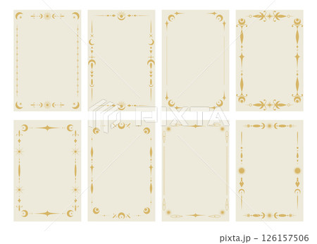 Collection of border templates for Tarot cards. Celestial boho frames set. Tarot blank templates. Vector illustration Collection of border templates for Tarot cards. Celestial boho frames set. Tarot blank templates. Vector illustration 126157506
