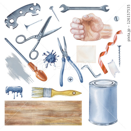 Watercolor set of men's working tools on a white background. Watercolor illustration of a man's strong hand and working tools for home renovation. Isolated. Father's Day. Watercolor set of men's working tools on a white background. Watercolor illustration of a man's strong hand and working tools for home renovation. Isolated. Father's Day. 126157535