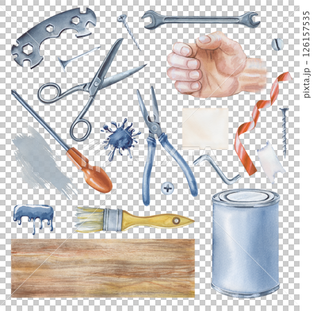 Watercolor set of men's working tools on a white background. Watercolor illustration of a man's strong hand and working tools for home renovation. Isolated. Father's Day. Watercolor set of men's working tools on a white background. Watercolor illustration of a man's strong hand and working tools for home renovation. Isolated. Father's Day. 126157535