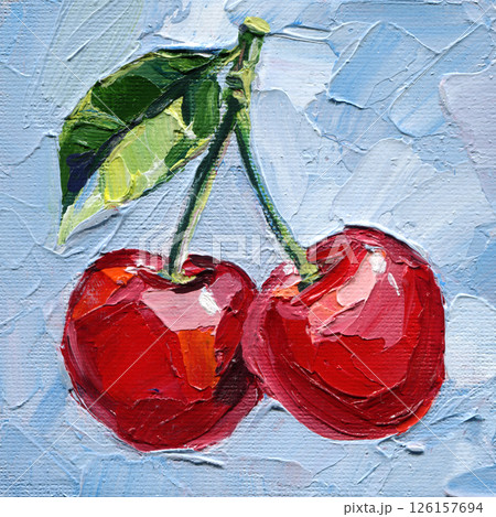 cherry painting with green leaf in impasto technique red fruits on blue textured acrylic artwork summer kitchen wall art 126157694
