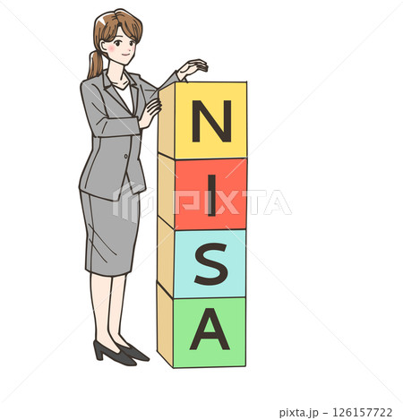 ニーサと書いた積み木を積んでいる女性 126157722