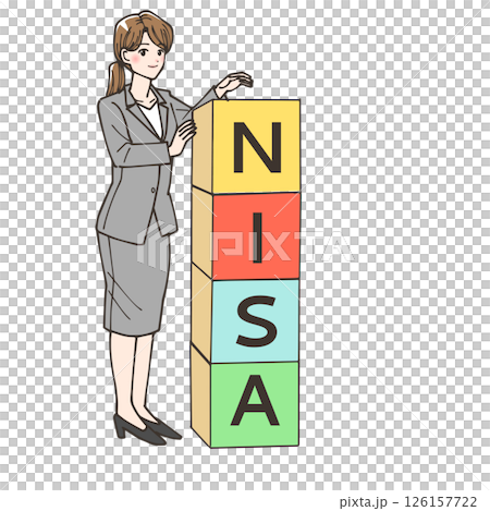 ニーサと書いた積み木を積んでいる女性 126157722