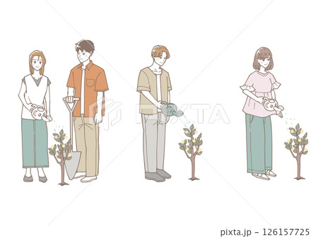 お金のなる木に水をやっている人々のセット お金のなる木に水をやっている人々のセット 126157725