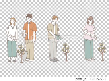 お金のなる木に水をやっている人々のセット お金のなる木に水をやっている人々のセット 126157725