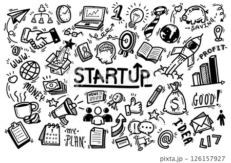 set of vector doodle element related to startup business strategy. hand drawn cartoon outline, black bold line isolated on white background 126157927