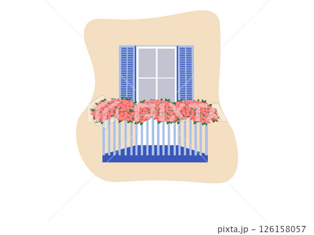 Mediterranean Balcony with Pink Flowers Flat Vector Design 126158057