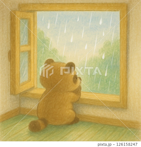 窓辺で雨を眺めるたぬきのイラスト 126158247