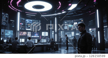 Futuristic Data Nexus A dramatic high-angle view of a state-of-the-art control center where intricate networks of data streams and interactive 126158599