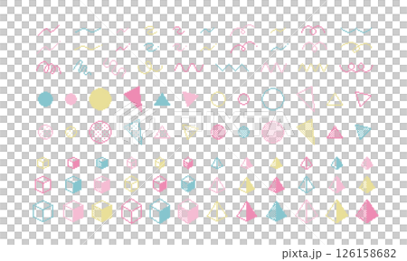 A set of stylish and cute decorative illustrations of dot art: geometric patterns, Memphis, wavy lines, shapes, pixels, decorations 126158682