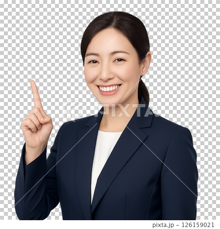笑顔で「1番」を示すスーツ姿の長髪の日本人女性|ビジネス提案・広告向け素材(透明背景) 笑顔で「1番」を示すスーツ姿の長髪の日本人女性|ビジネス提案・広告向け素材(透明背景) 126159021