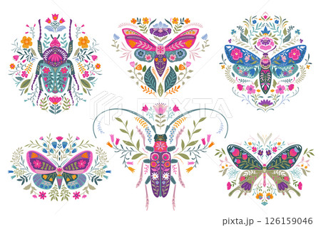Set of six vector beautiful composition with ornate insects, beetles, butterflies. Folk art floral posters. 126159046