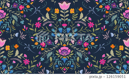 Vector seamless pattern with ornate insects, beetles, butterflies. Folk art floral natural endless background. 126159051