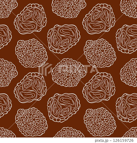 Seamless pattern of line art Truffle mushroom on a brown background. Ideal for culinary packaging, forest food theme and organic product design. Seamless pattern of line art Truffle mushroom on a brown background. Ideal for culinary packaging, forest food theme and organic product design. 126159726