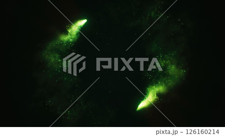 A vibrant green energy burst radiating glowing particles in a swirling abstract motion. A futuristic and cosmic explosion 126160214