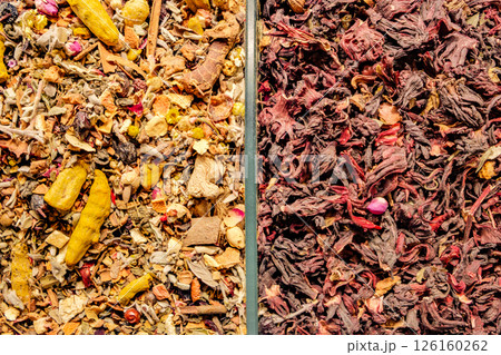 different dry flower teas in bulk sold on market 126160262