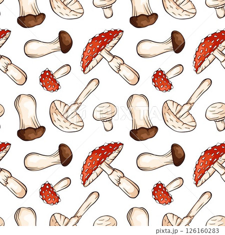 Seamless pattern with colorful mushroom in cartoon style on white background. Trumpet, Fly Agaric, Destroying Angel, Champignon. Perfect for food design, natural packaging, fabric or kitchen decor. 126160283
