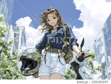 スクーターで買い物に来た若い女性のイラスト素材 126160297