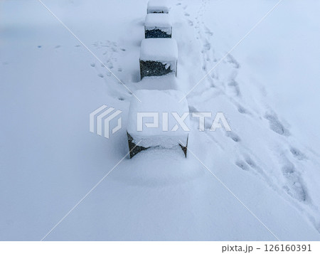 雪に埋もれた並ぶ石と足跡 雪に埋もれた並ぶ石と足跡 126160391
