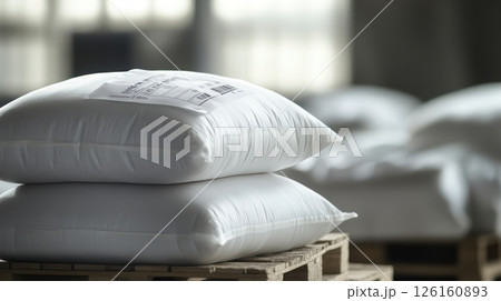 Stack of white industrial bags on wooden pallets in warehouse setting with soft lighting and blurred background for versatile storage and shipping 126160893