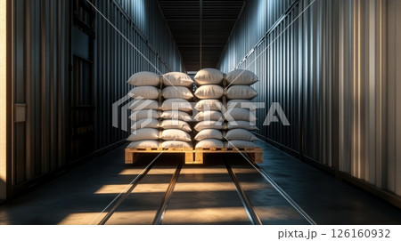 Stacked white agricultural bags on wooden pallet in industrial warehouse with metal corrugated walls and sunlit pathway 126160932