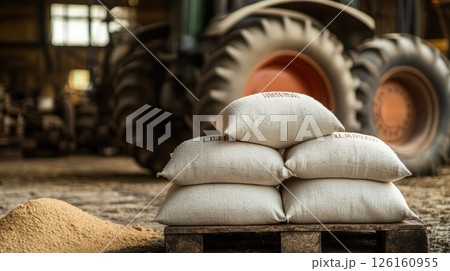 Rural harvest: stacked burlap sacks on pallet in barn with tractor in background highlighting agricultural equipment and harvested crops Rural harvest: stacked burlap sacks on pallet in barn with tractor in background highlighting agricultural equipment and harvested crops 126160955