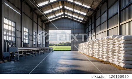 Sunlit agricultural warehouse filled with large stacked grain sacks and advanced machinery in a modern industrial setting 126160959