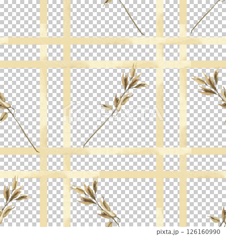 Striped beige seamless pattern with pastel lines and oat spikes watercolor illustration. Hand drawn field wheat stems in geometric repeated background for eco vegan product packing,fabric design 126160990