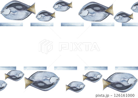 Deep sea watercolor banner with blue aquarium decorative fish illustration. Hand drawn ocean creatures frame, marine and nautical clipart for card,poster,invitation design 126161000