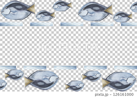 Deep sea watercolor banner with blue aquarium decorative fish illustration. Hand drawn ocean creatures frame, marine and nautical clipart for card,poster,invitation design 126161000