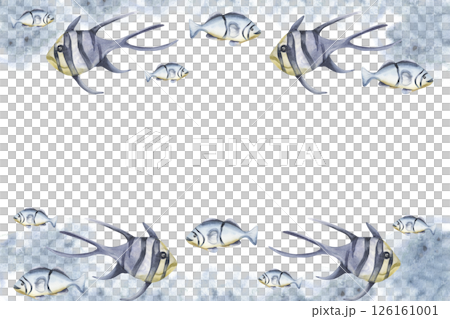 Undersea life watercolor frame template with aquarium blue and striped fish on abstract splash illustration. Hand drawn marine banner with swimming creatures for poster,card,wallpaper design 126161001