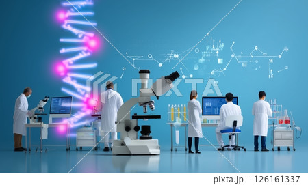 Scientists conduct experiments in a modern laboratory focusing on genetic research and biotechnology innovations 126161337