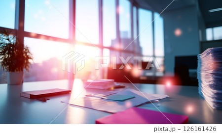 Bright morning light reflects off surface in a modern office filled with paperwork and plants 126161426