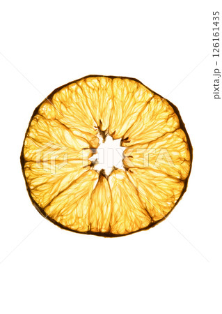 Dried orange, frips. On a white background. Thin slice of orange without additives. Healthy snack. 126161435