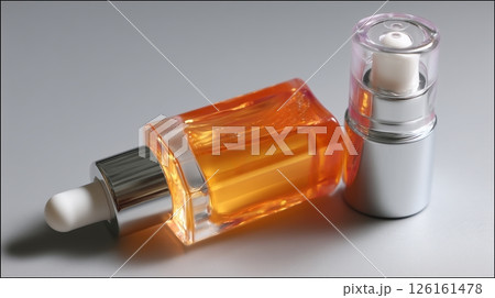 Serum bottles on a reflective surface showcasing orange and clear liquid for skincare routines 126161478