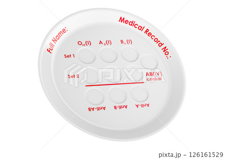 Porcelain plate with wells for blood grouping tests, 3D rendering 126161529
