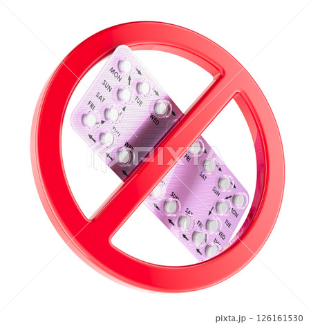 Prohibition symbol with birth control pills. 3D rendering Prohibition symbol with birth control pills. 3D rendering 126161530