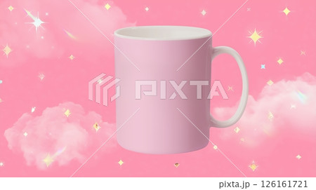 Pink ceramic mug with a simple design against a colorful background featuring clouds and sparkles 126161721