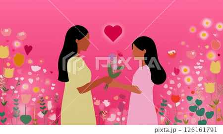 Women sharing a meaningful moment while exchanging flowers in a vibrant floral setting during a sunny afternoon 126161791