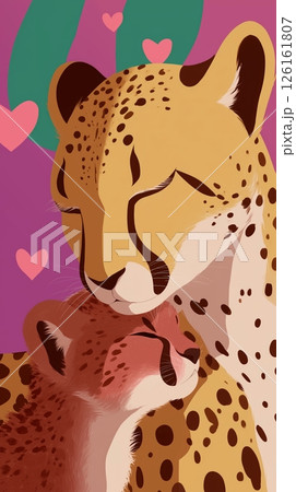 Cheetah cuddling with its cub in a vibrant background full of hearts and love 126161807