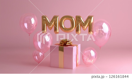 Creative gift presentation for Mother's Day featuring pink balloons and a gold letter decoration 126161844