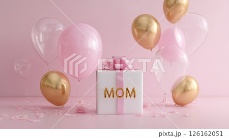 Celebration gifts for mom featuring pink and gold balloons in a festive arrangement 126162051