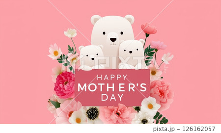Cute bear family with flowers celebrating Mother's Day in a vibrant pink background 126162057